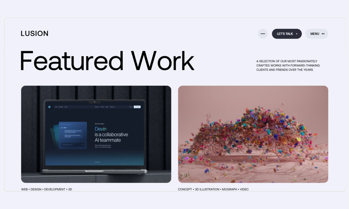 Featured work grid displays Lusion projects and capabilities