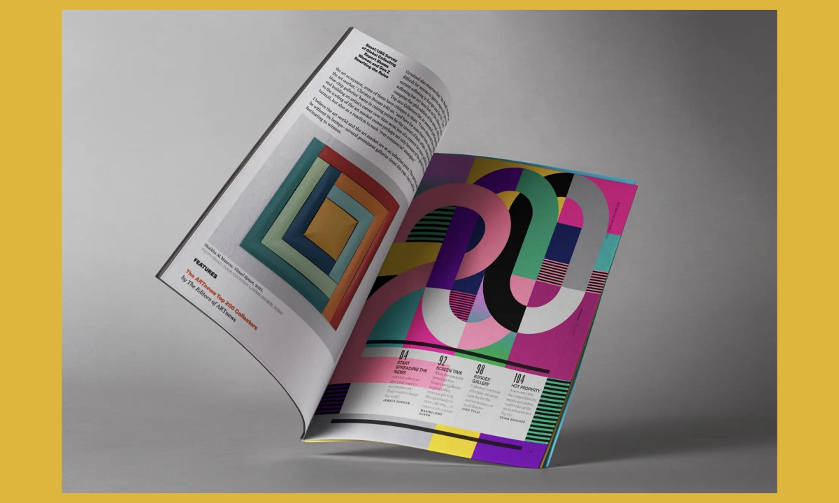 Editorial spread reveals colorful geometric layout and typography