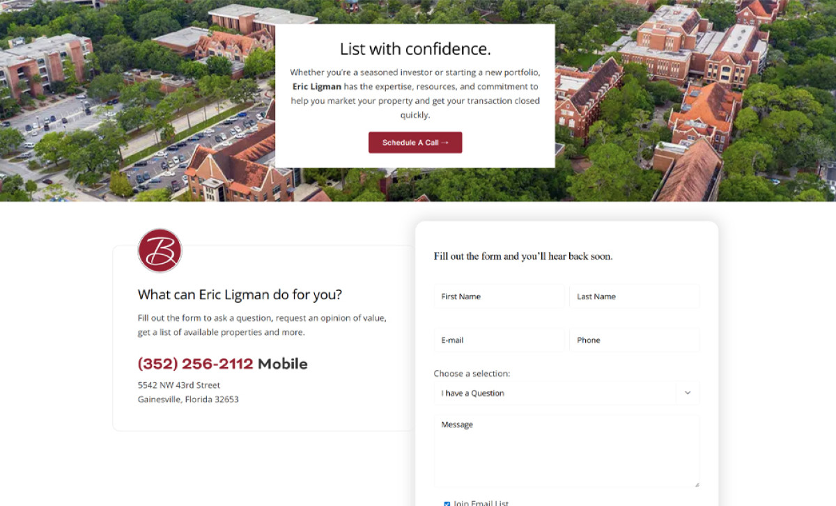 Contact section captures leads through inquiry form