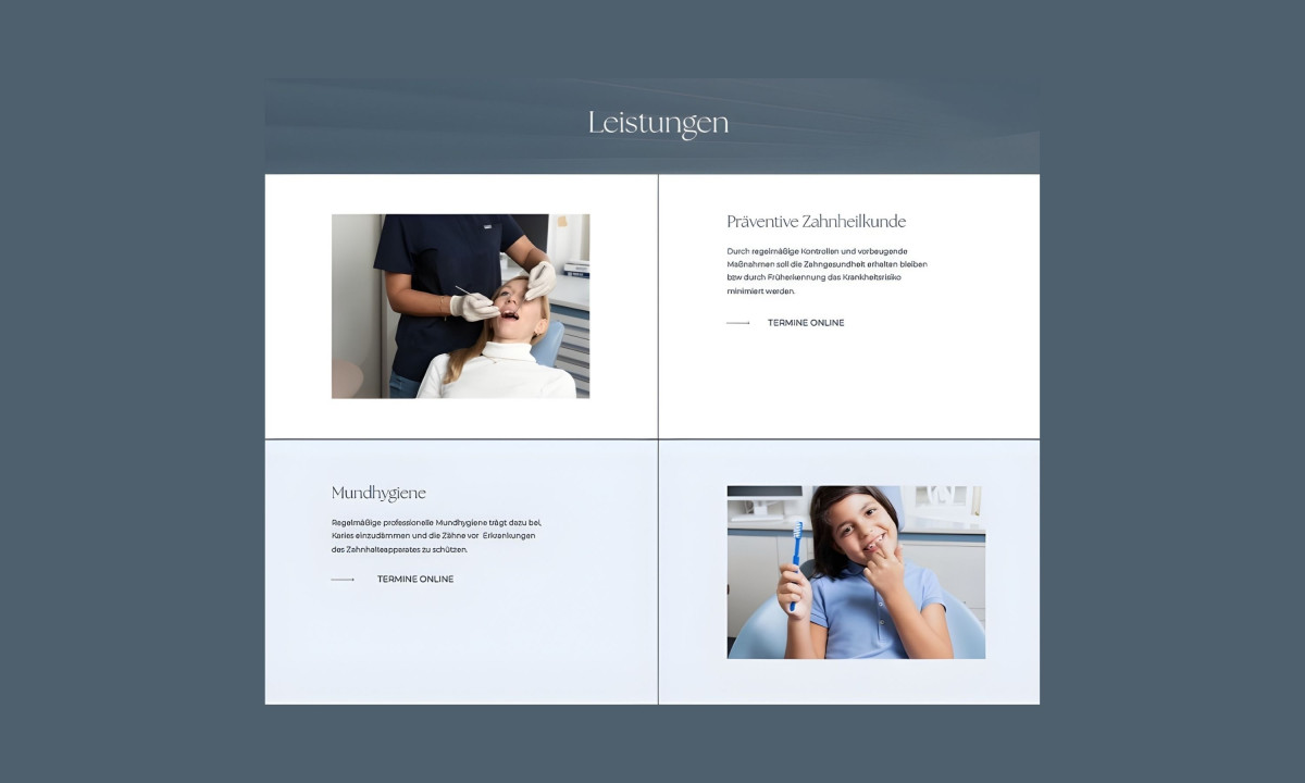 Services section presents treatments with clear, structured layout