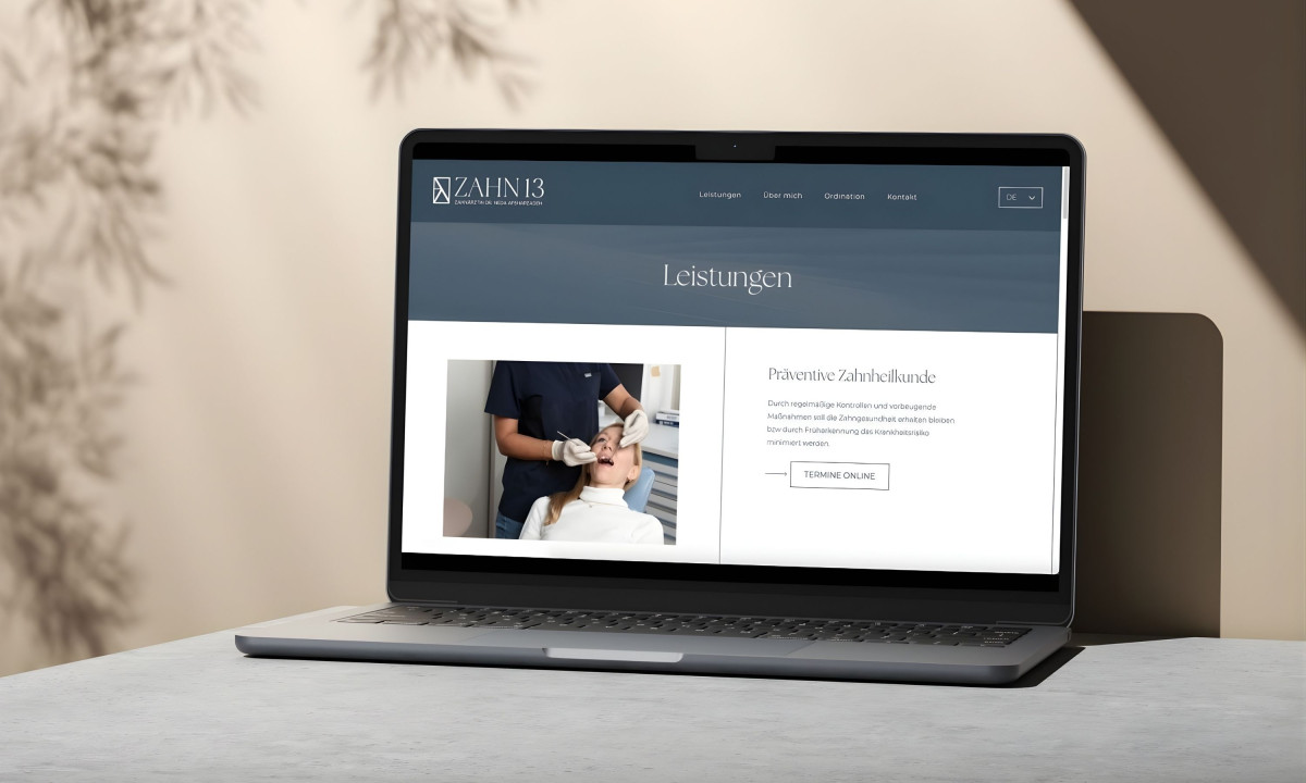 Desktop view highlights clean navigation and service overview