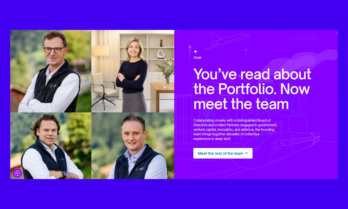 Team section features a grid image layout and gradients, enhancing clarity