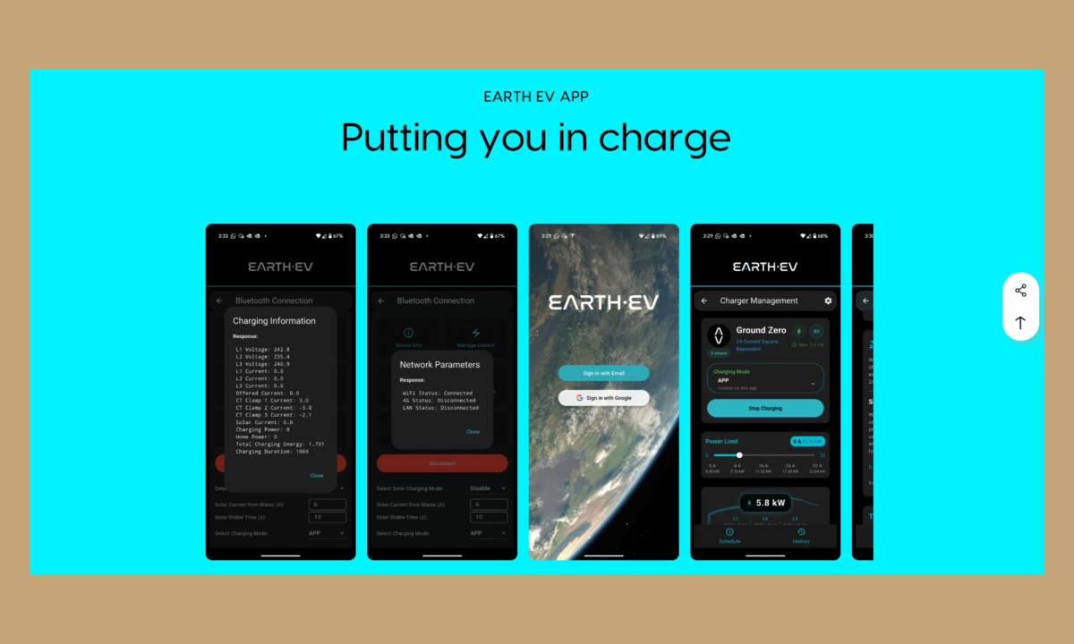 App interface showcases control features with clean mobile layout