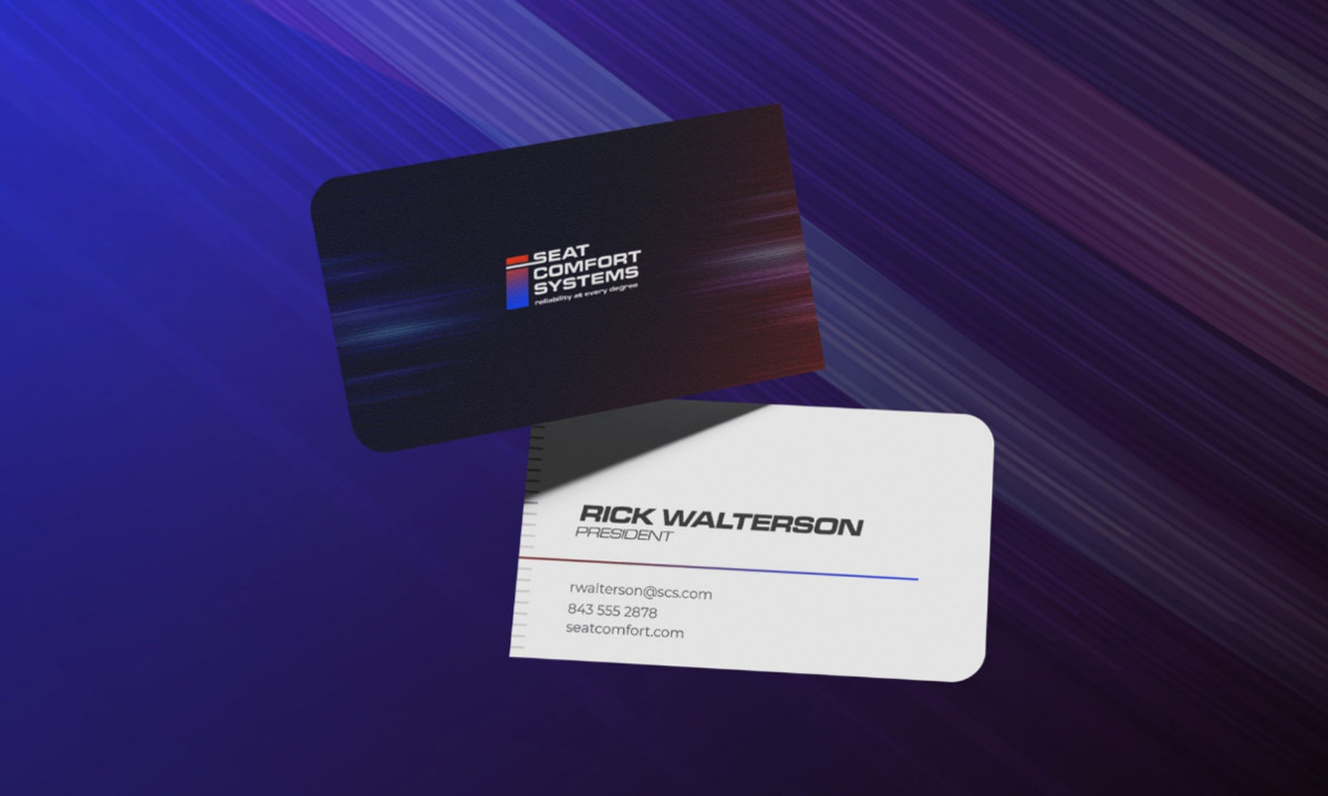 Business cards showcase clean layout with gradient brand identity