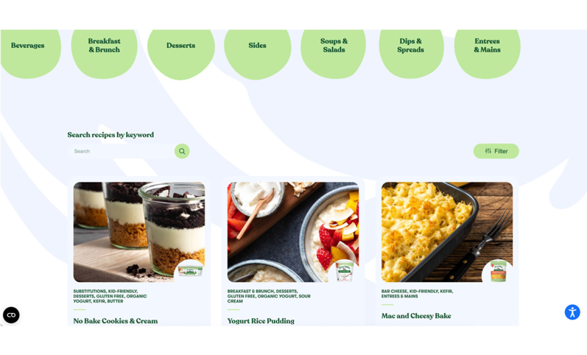 Interactive recipes section featuring lactose-free meals