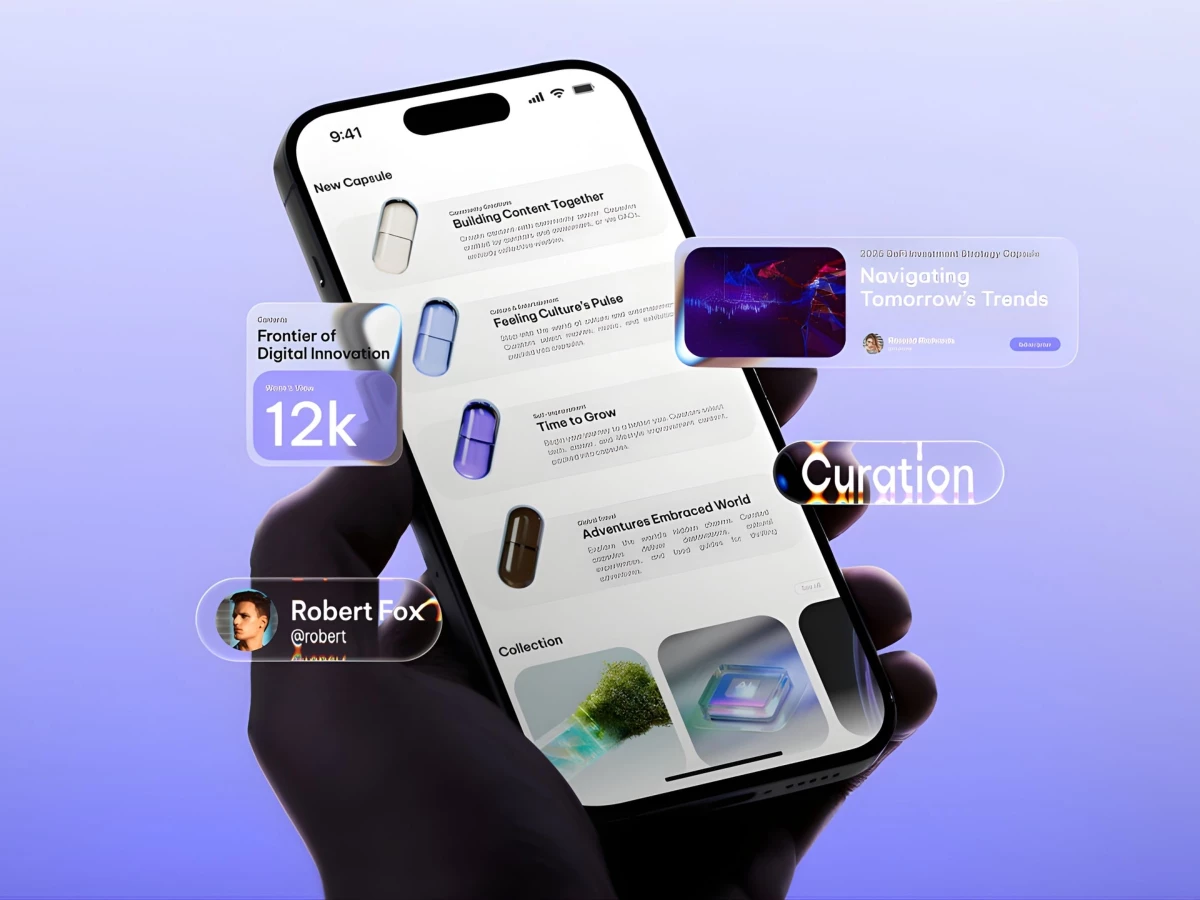 Interface showcases curated content, metrics, and interactive elements