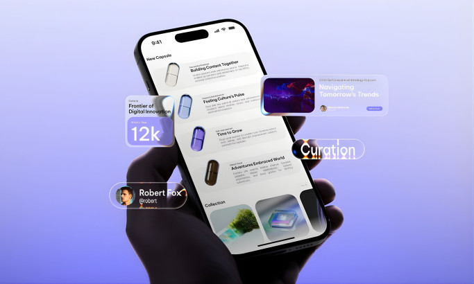 Interface showcases curated content, metrics, and interactive elements
