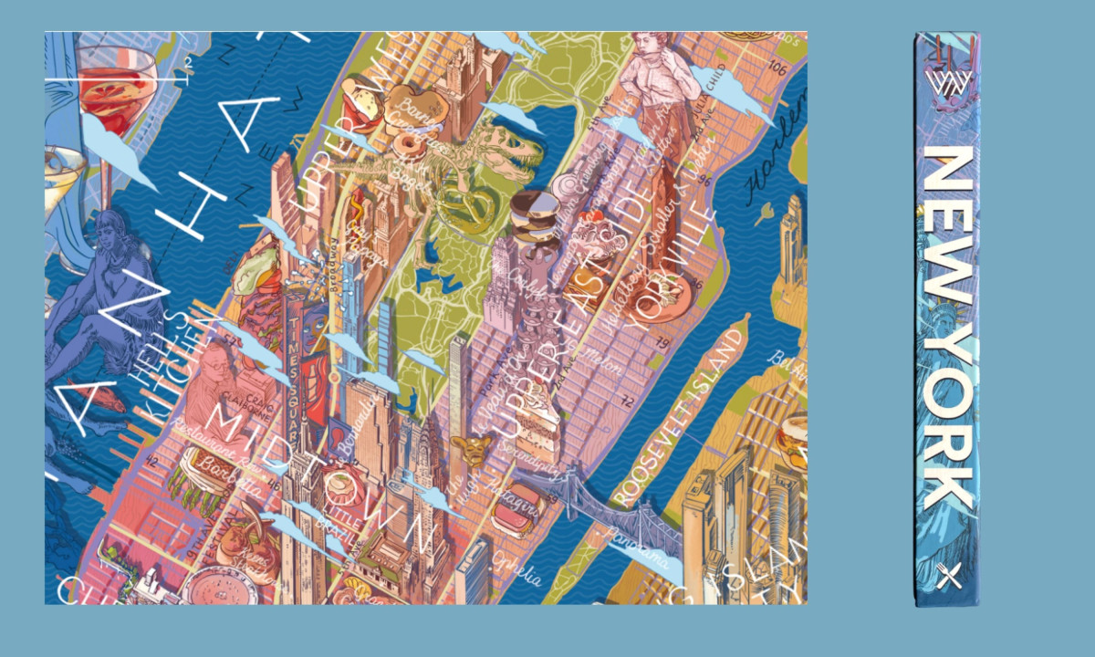 Layered composition highlights neighborhoods, landmarks, and cuisine