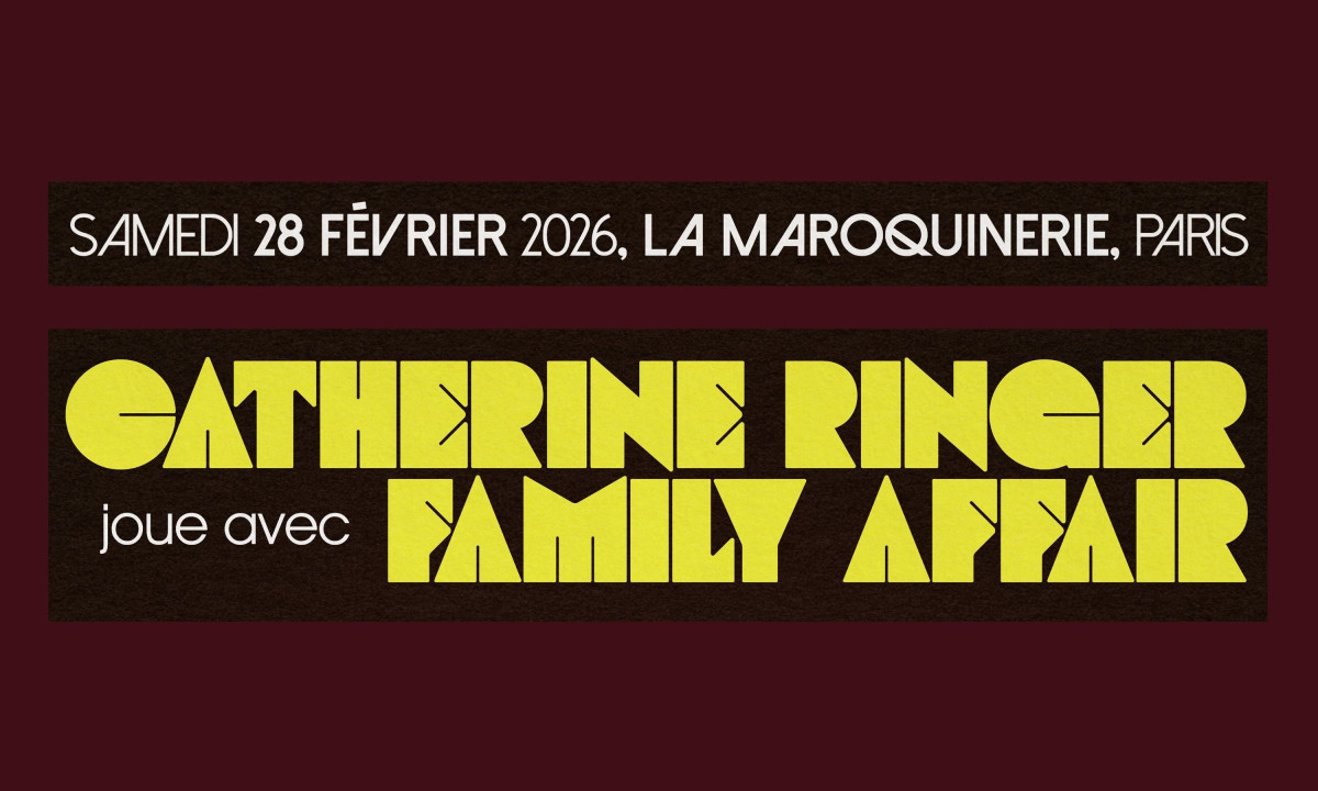 Close-up of poster text showing “Catherine Ringer Family Affair” with event date and Paris venue in large yellow type