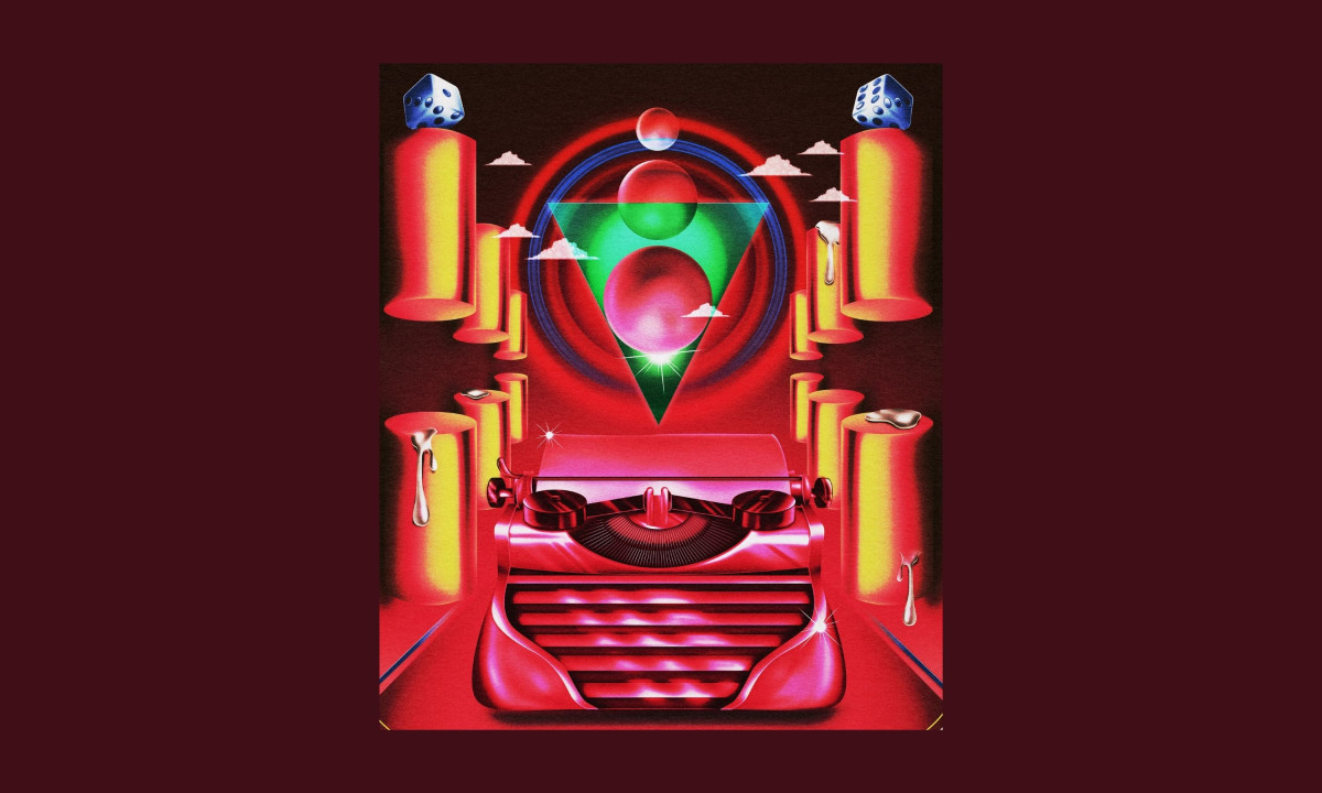 Concert poster featuring a red surreal scene with a typewriter, glowing columns, dice, and geometric shapes in neon colors