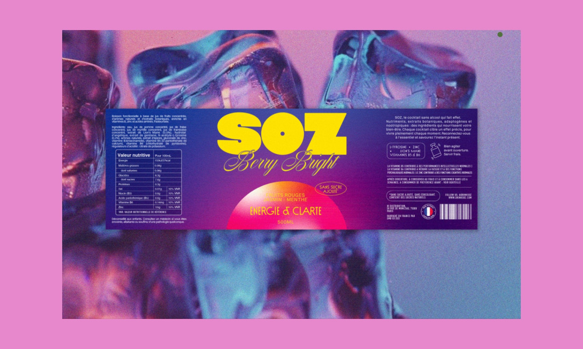 SOZ Berry Bright label design with nutritional information over an abstract ice background