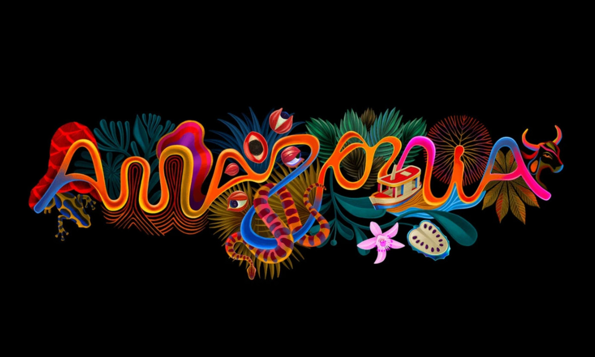 Aerial river imagery forms flowing typography across segmented frames representing Amazon regions