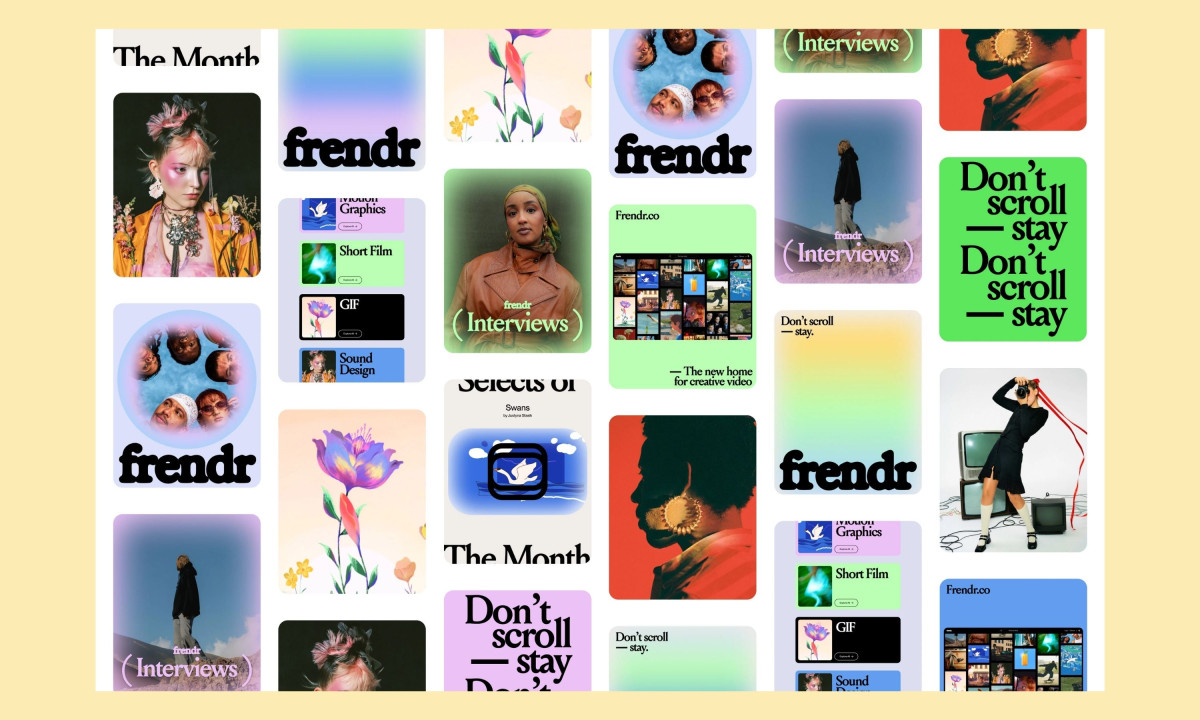 Grid layout displaying mixed creative content including images, typography, and interface elements