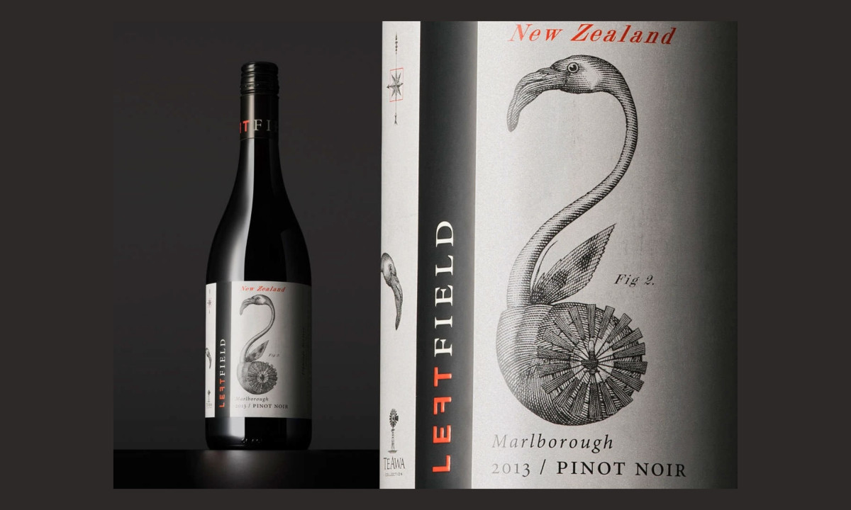 Wine bottle and packaging with flamingo illustration and minimal label design