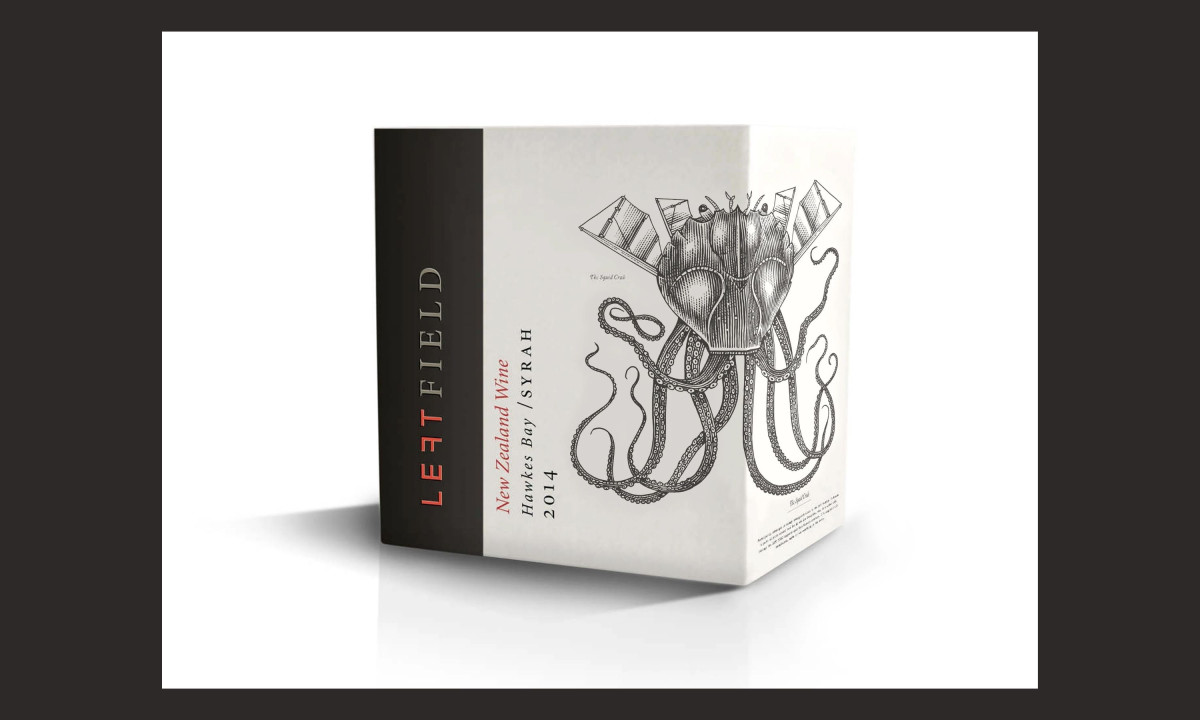Wine packaging box featuring octopus illustration and vertical brand typography