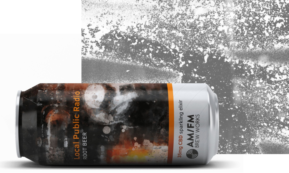 Horizontal can labeled root beer with textured abstract visual design