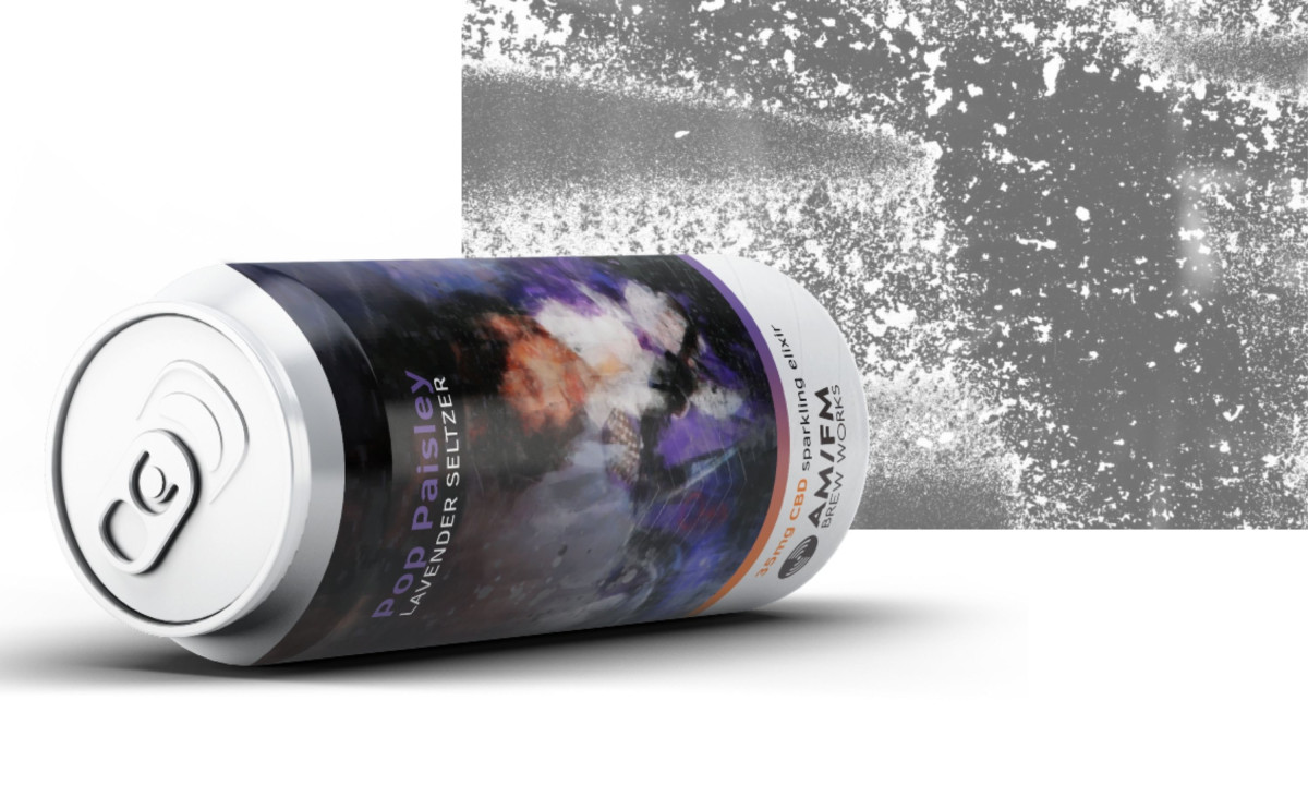 Beverage can labeled lavender seltzer with dark expressive artwork
