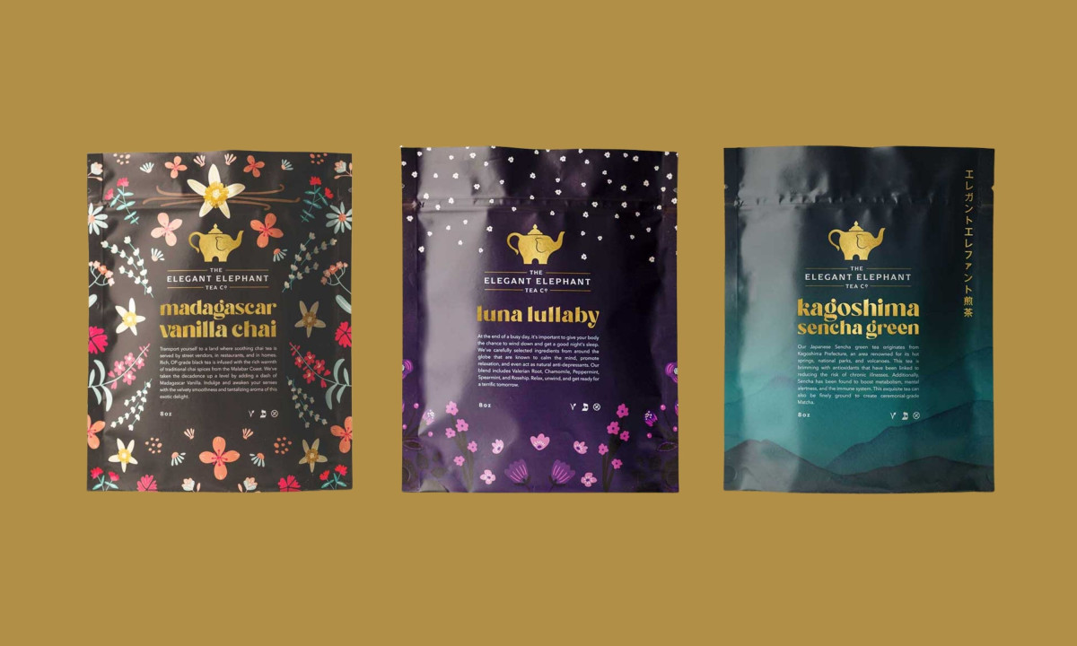 Assorted tea pouches with decorative designs and gold logo