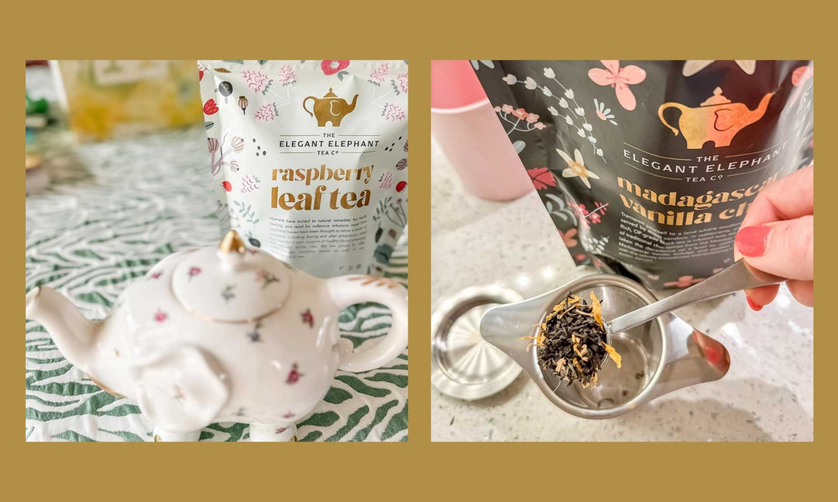 Light and dark packaging for The Elegant Elephant Tea Co. showcase the brand’s minimalist elephant logo