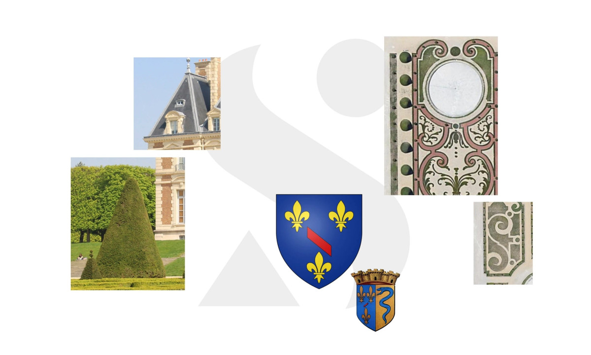 Brand system with architectural details and heraldic symbols