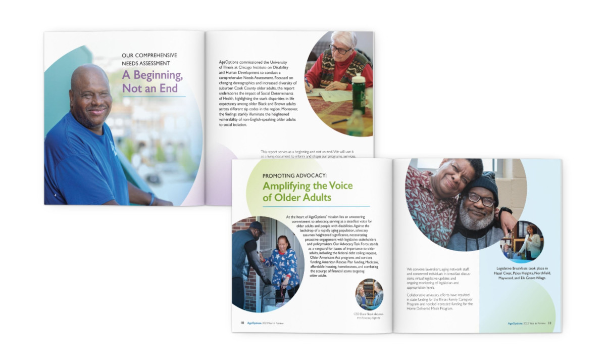 Report pages with large typography and circular photo elements