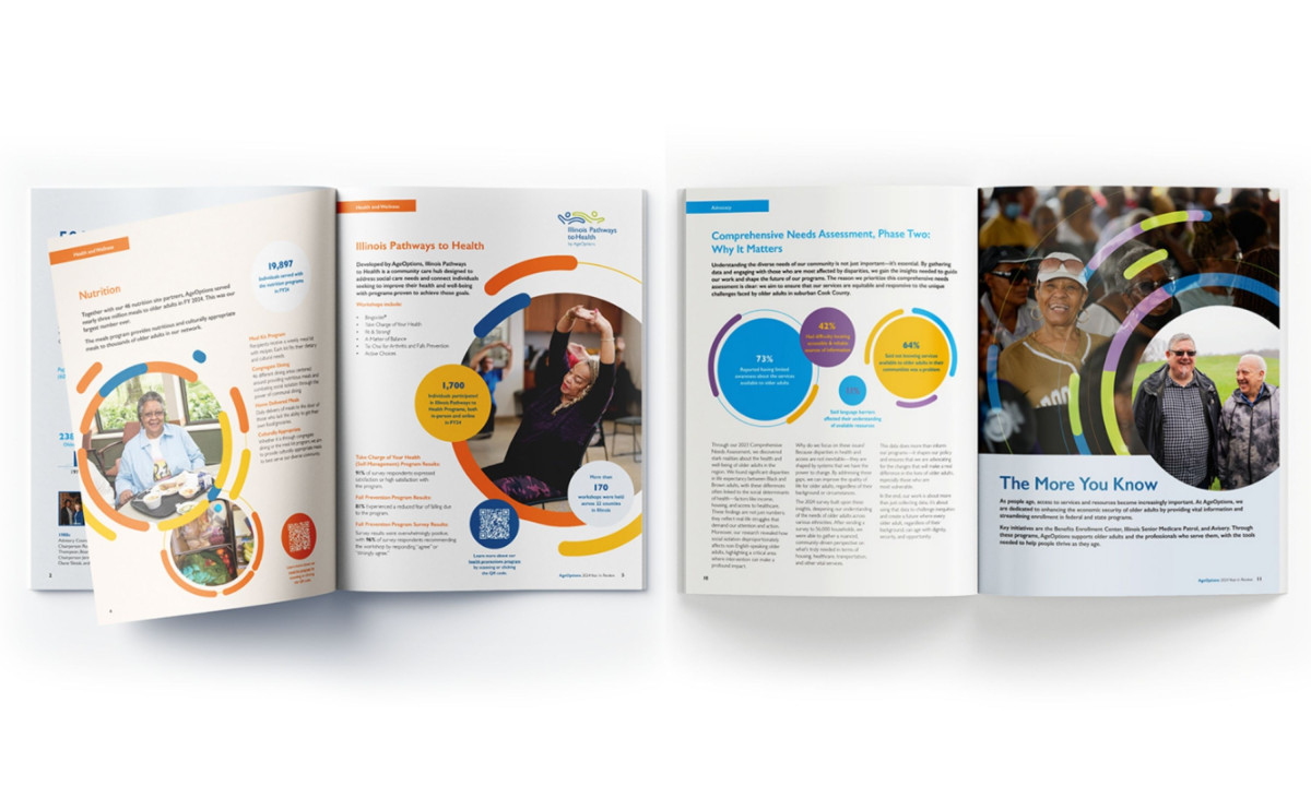 Multi-page spread with infographics and structured content layout