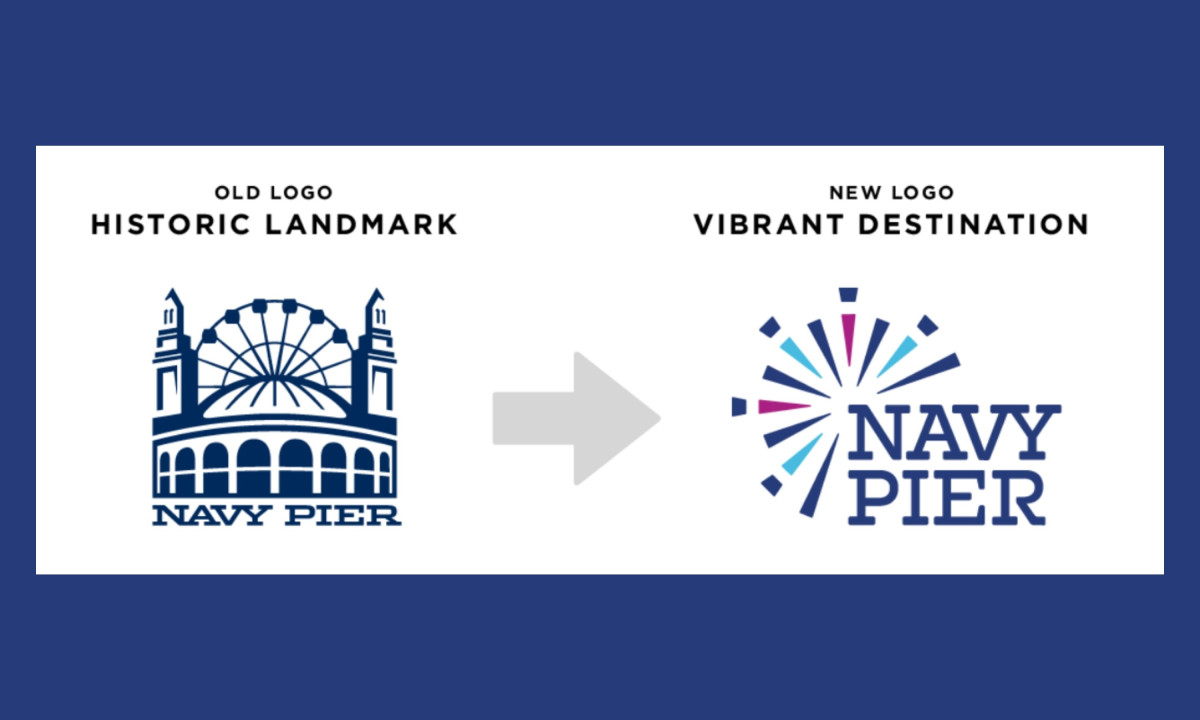 Old and new Navy Pier logo comparison graphic