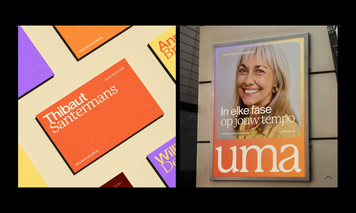 Business cards and poster showing Uma Health identity system
