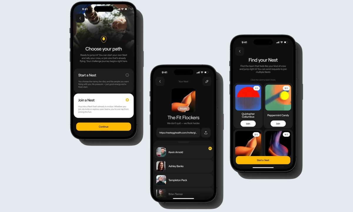 App screens showing team selection and social features