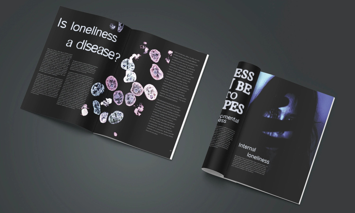 Double-page spread with blurred text and layered portrait imagery