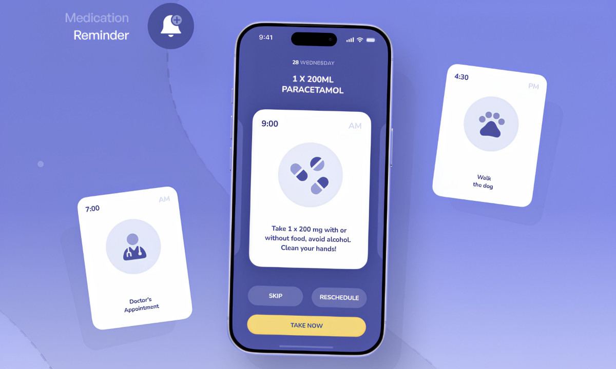 Healthcare app interface with activity cards and simplified scheduling system