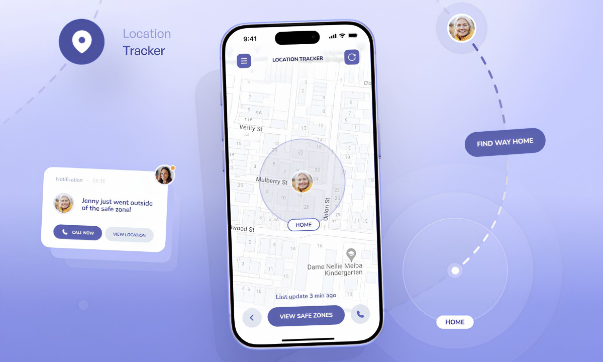 Location tracking interface displaying user position and safe zones