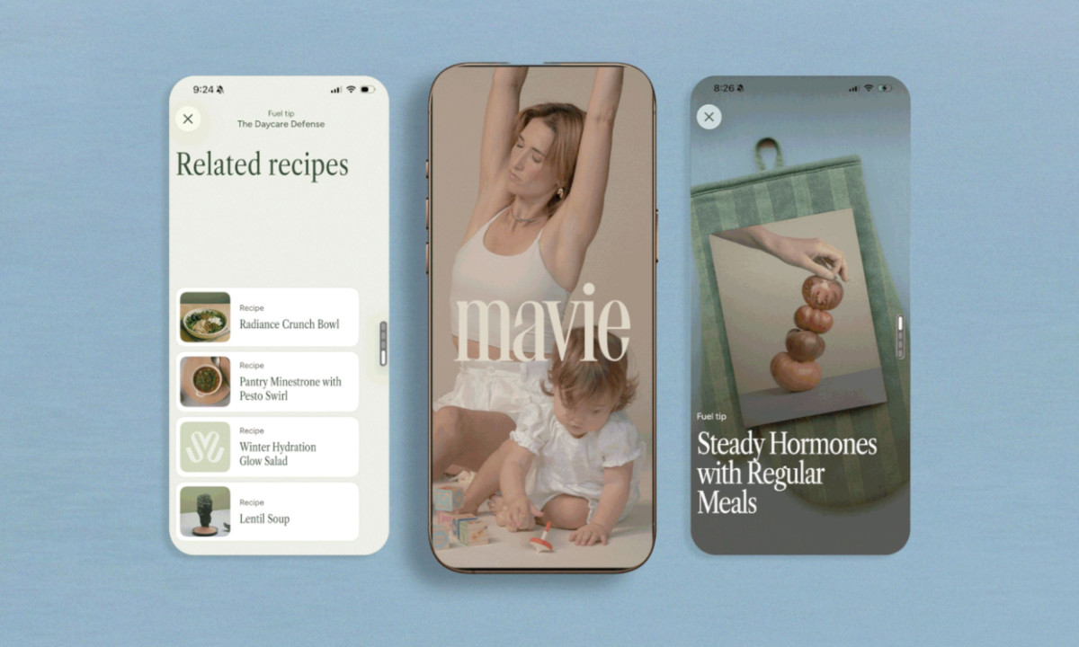 Three mobile devices showing recipe lists and wellness tips
