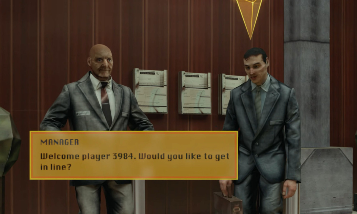 Two characters with mannequin-like features stand behind a yellow video game dialogue box