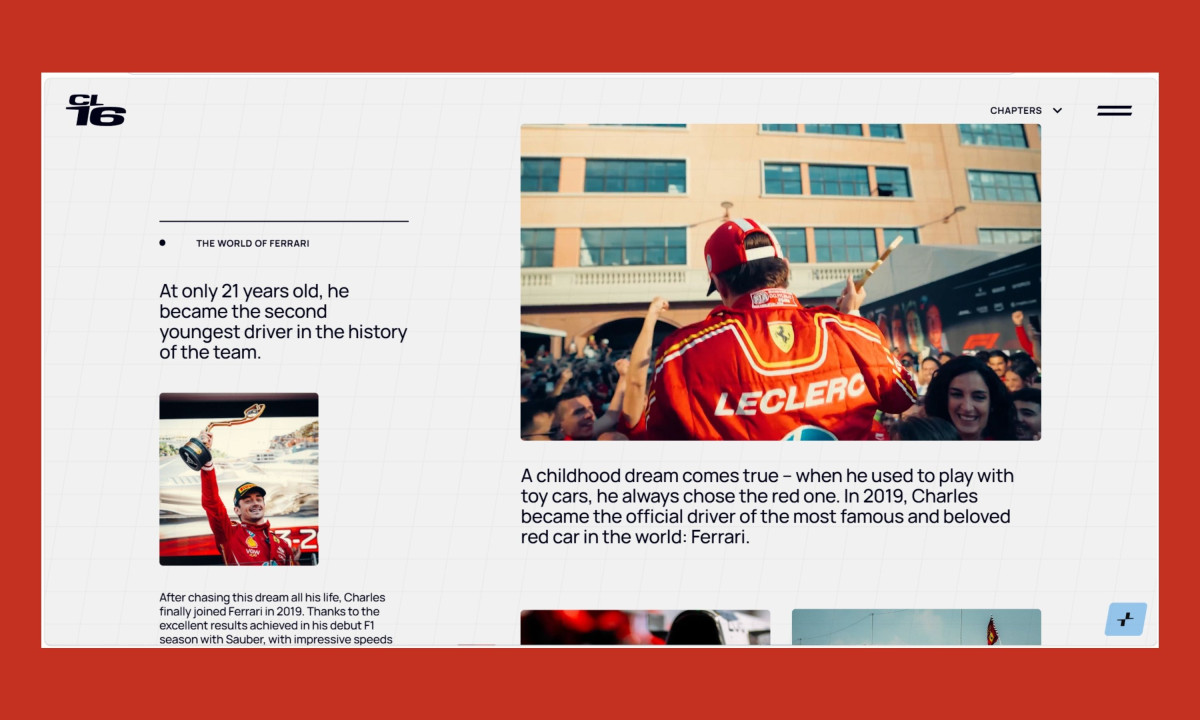 Web page section detailing Leclerc's early career as a Ferrari driver