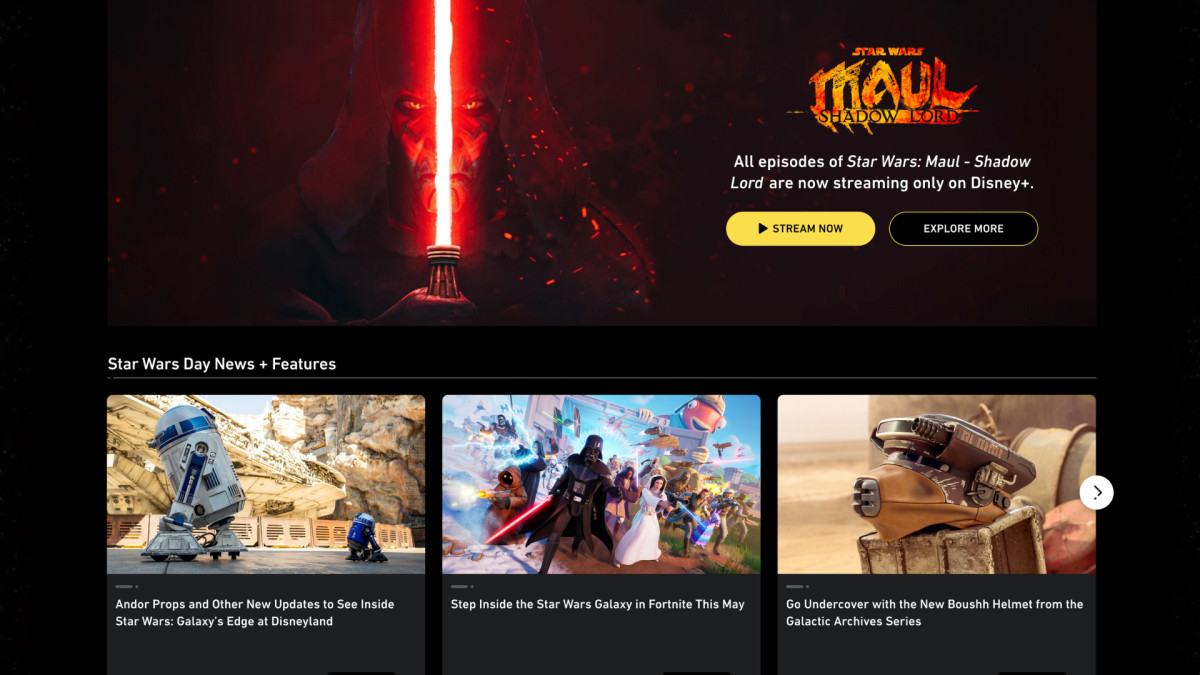 StarWars.com's Maul: Shadow Lord section on Star Wars Day 2026, showing the full-width crimson panel, dual CTAs and three-column content card row.