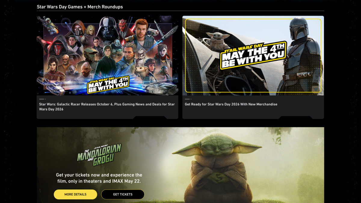 StarWars.com's Star Wars Day Games + Merch Roundups section, showing two content cards and a full-width Mandalorian and Grogu theatrical banner.