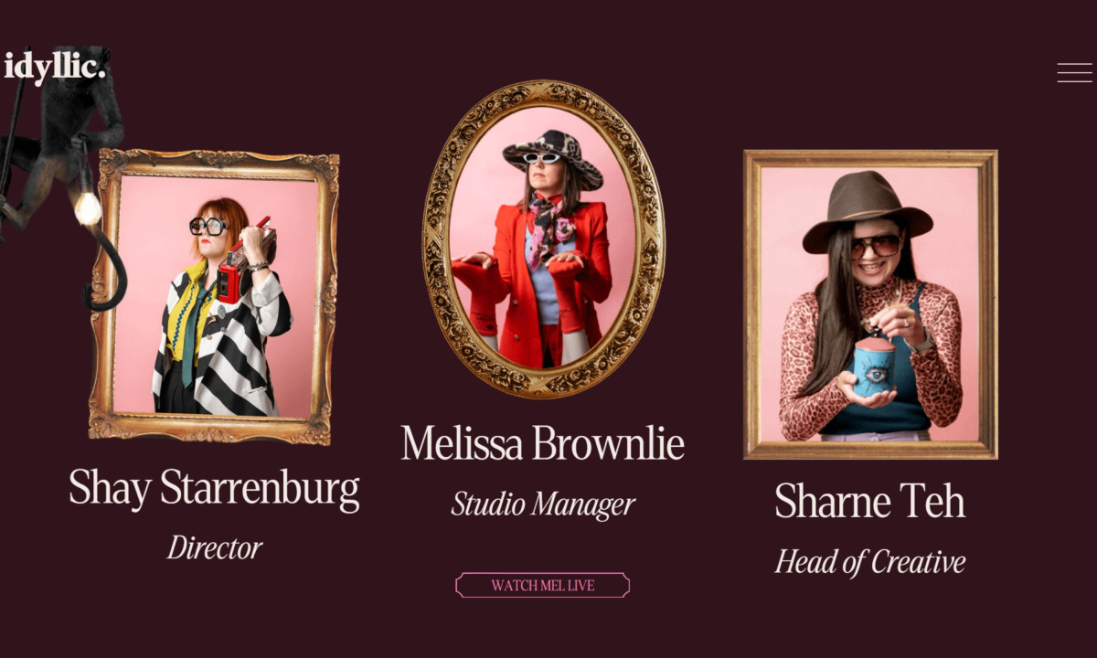 Portraits of studio staff presented inside vintage picture frames on a dark background