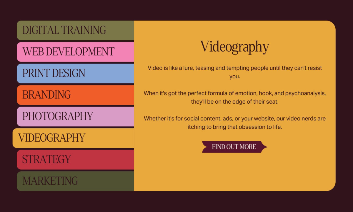 A colorful sidebar menu with tabs for Branding, Marketing, and Videography services