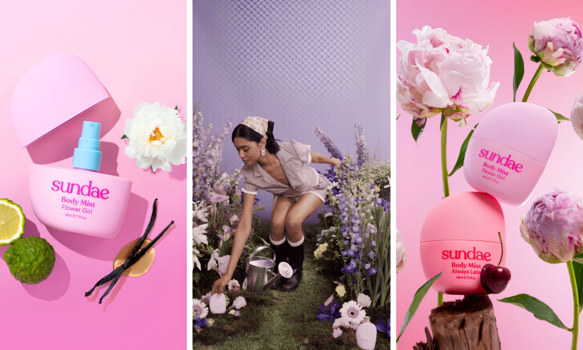 Three vertical panels showing pink perfume bottles alongside flowers and a garden scene