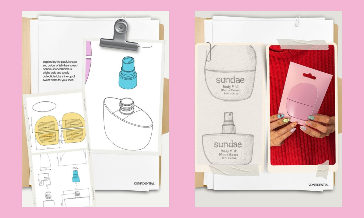 Technical drawings and hand-drawn sketches of the pebble-shaped bottle design