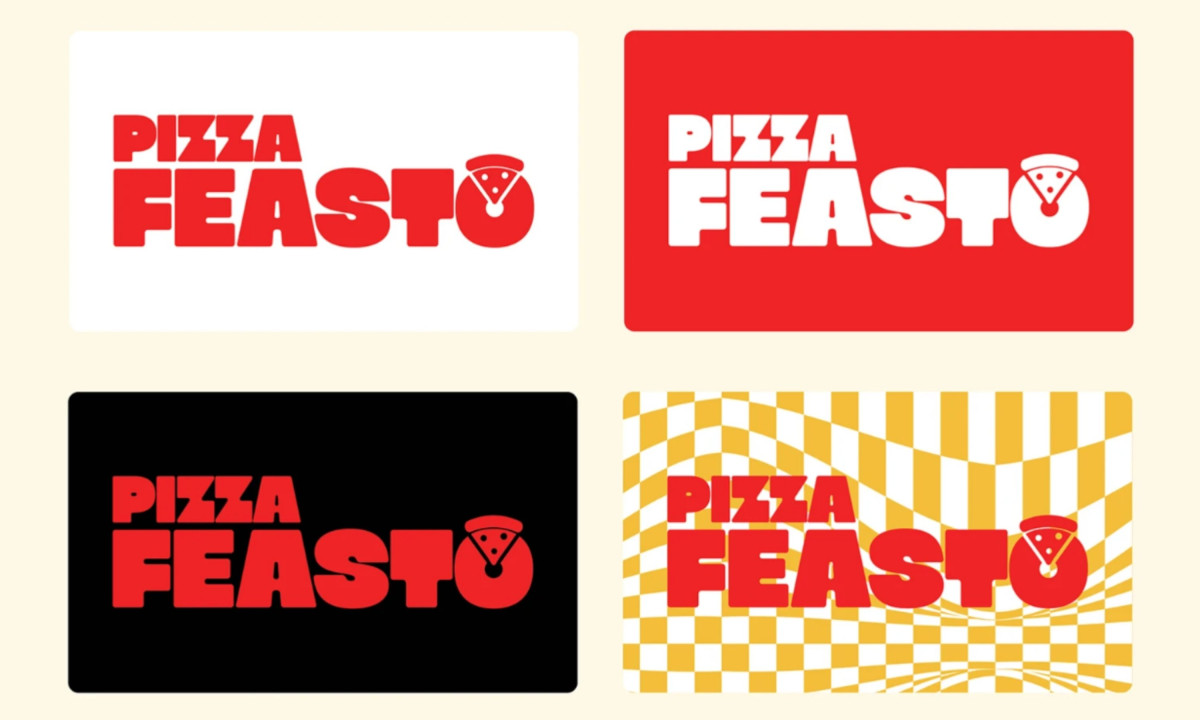 Four versions of the Pizza Feasto logo displayed on white, red, black, and checkered backgrounds