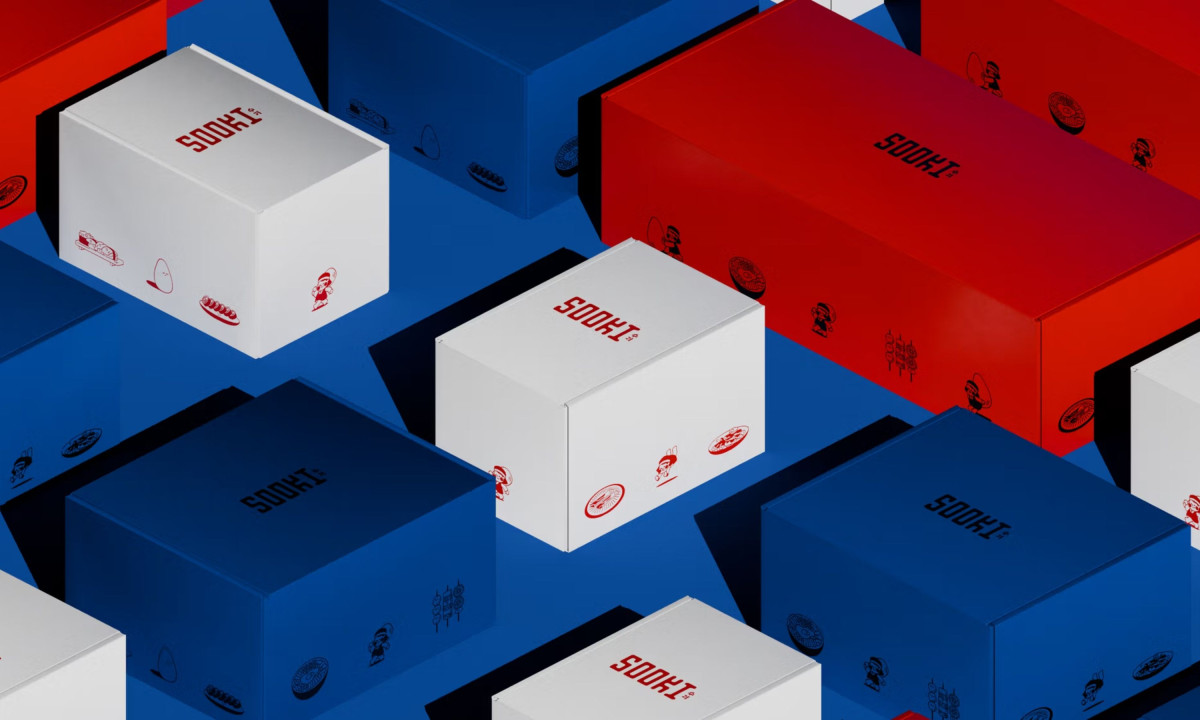 Stacked product boxes featuring minimal graphics and vibrant colors