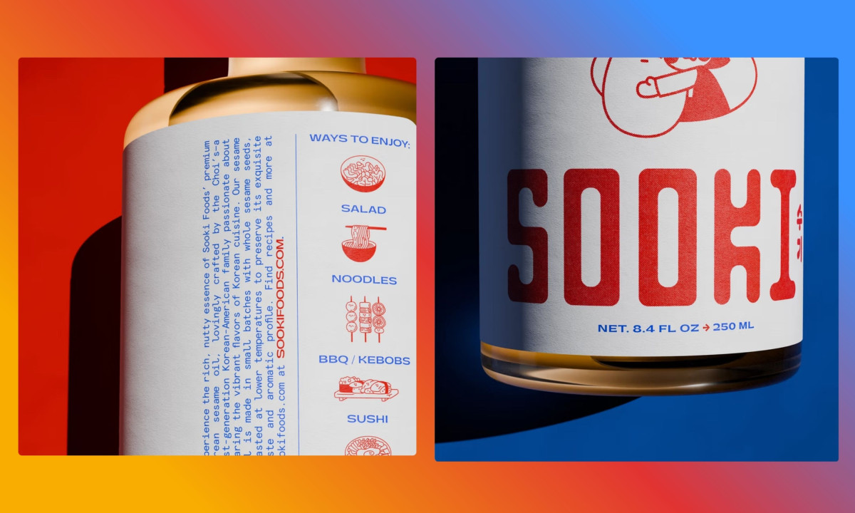 Close-up of sesame oil bottle with bold red typography