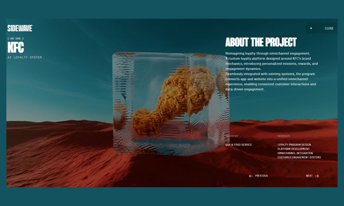 A portfolio section showcasing a 3D chicken drumstick encased in a glass display box.