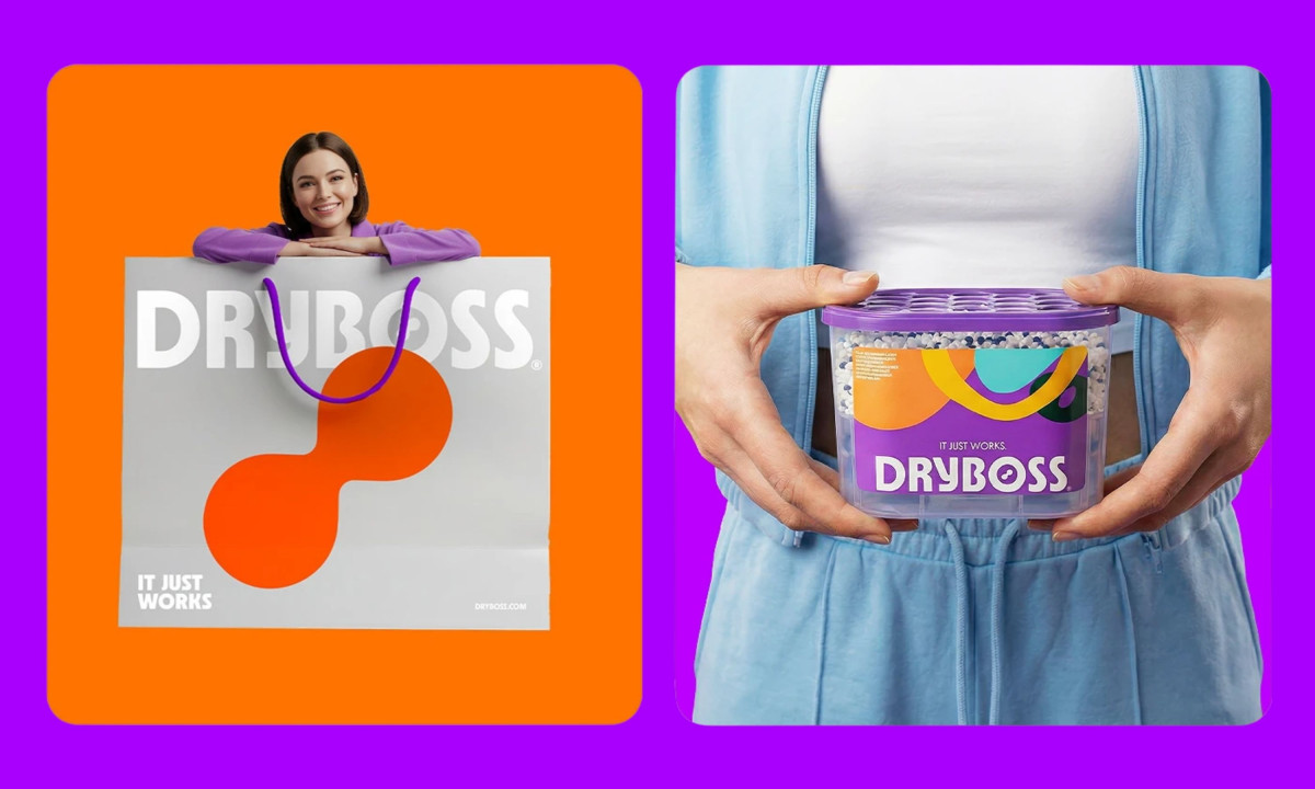 A person holding package in vibrant orange, cobalt blue, and electric purple, each featuring bold white "DRYBOSS" typography.