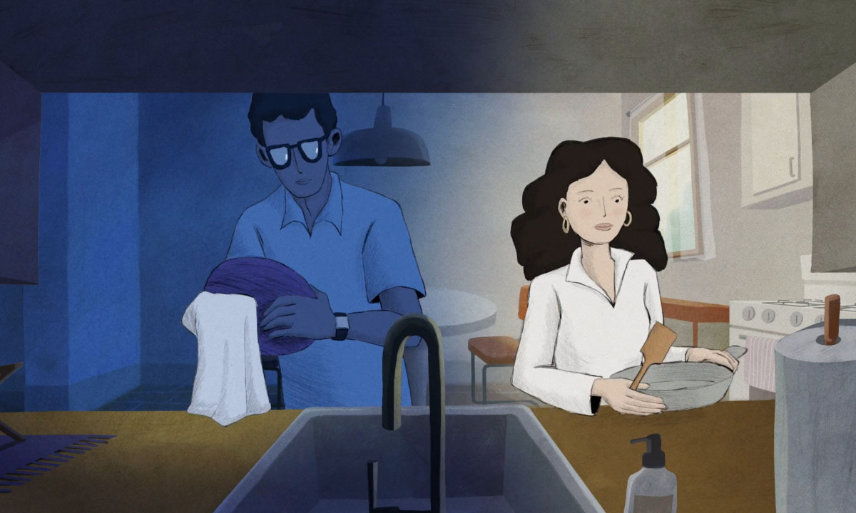 A hand-drawn animation frame of a man and woman sharing a quiet moment in a kitchen.