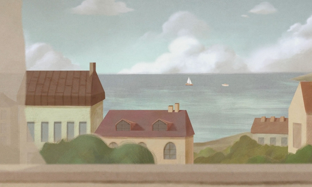 A hand-drawn animation cell showing two ships at sea, focusing on soft linework and muted, warm colors.
