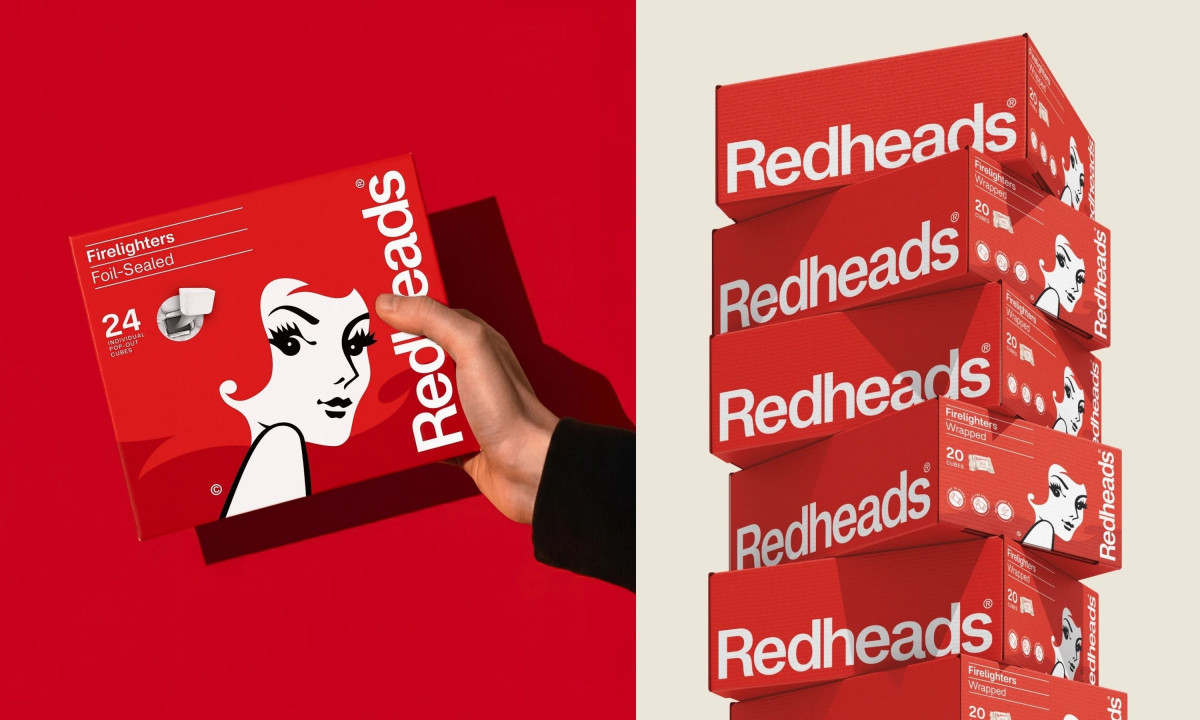 A split image showing a hand holding a red Redheads firelighter box on the left and a vertical stack of red matchboxes on the right.