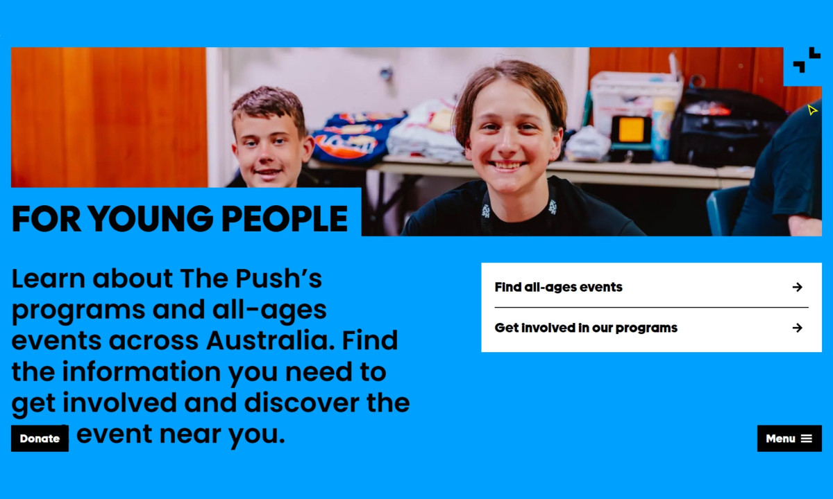 A bright blue landing page titled "FOR YOUNG PEOPLE" featuring a photo of two smiling young people at an event.